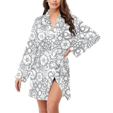 Gear Pattern Print Design 05 Women's Long Sleeve Belted Night Robe