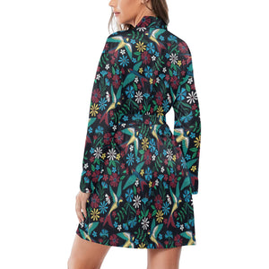 Swallow Pattern Print Design 04 Women's Long Sleeve Belted Night Robe