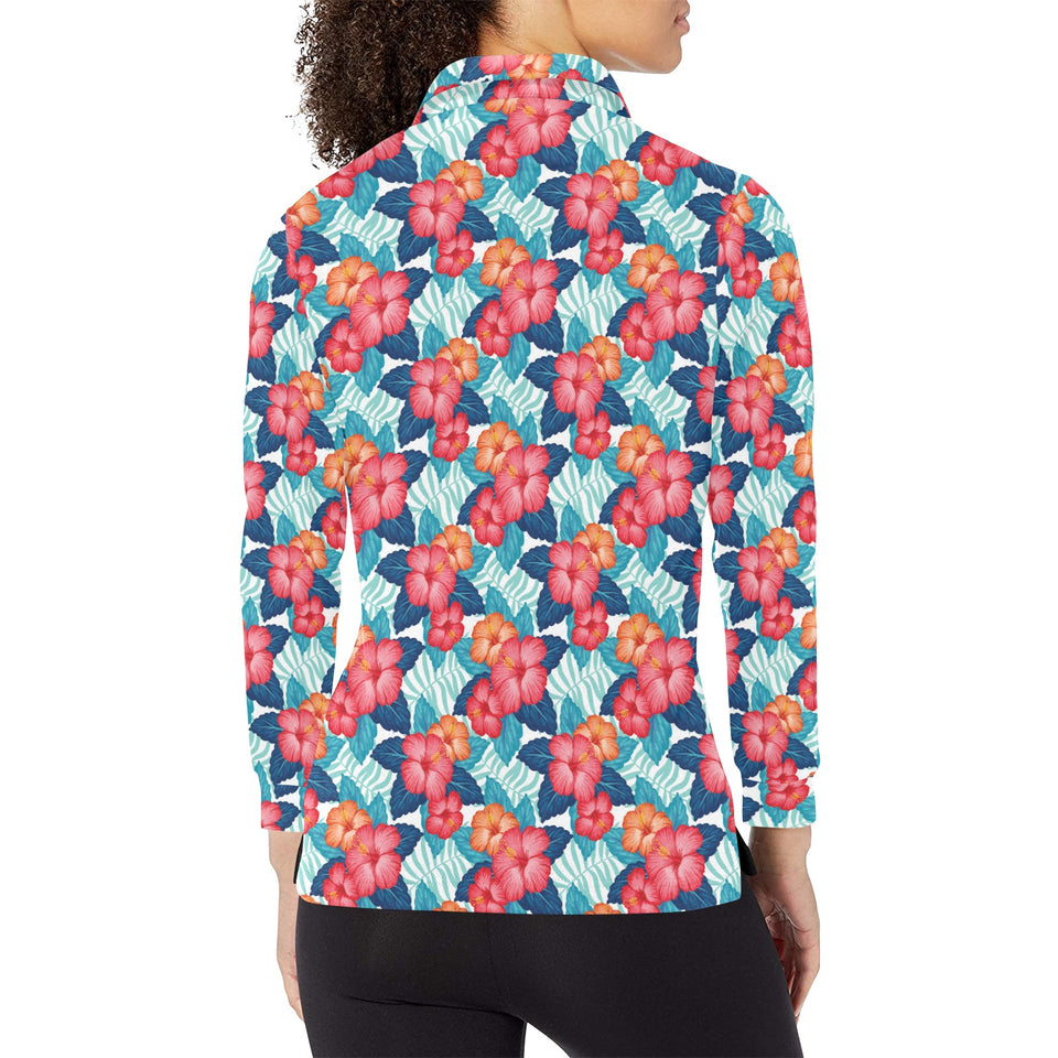 Hibiscus Pattern Print Design 05 Women's Long Sleeve Polo Shirt