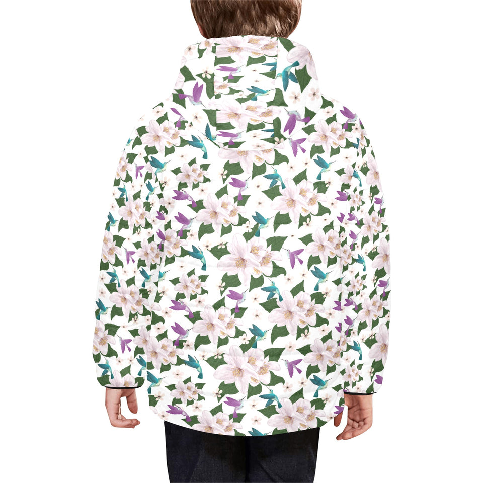 Hummingbird Pattern Print Design 01 Kids' Boys' Girls' Padded Hooded Jacket