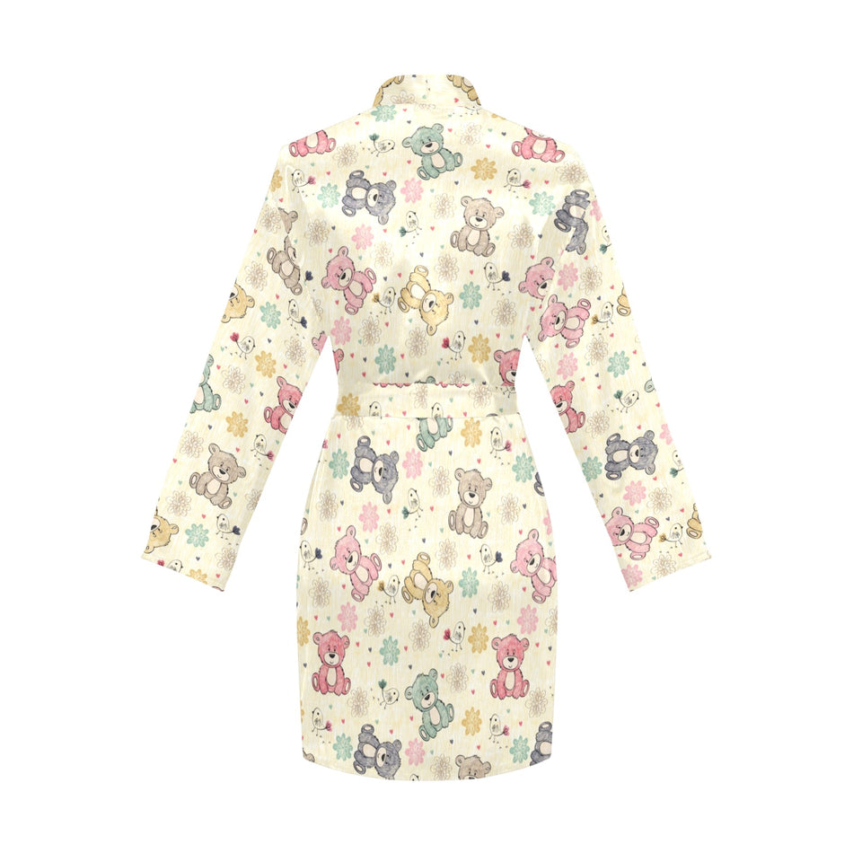 Teddy Bear Pattern Print Design 05 Women's Long Sleeve Belted Night Robe