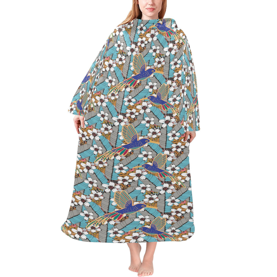 Hummingbird Pattern Print Design 02 Blanket Robe with Sleeves