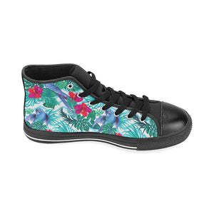 Blue Parrot Hibiscus Pattern Women's High Top Canvas Shoes Black