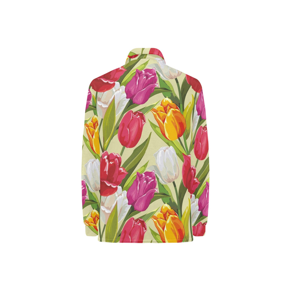 Colorful Tulip Pattern Women's Long Sleeve Polo Shirt