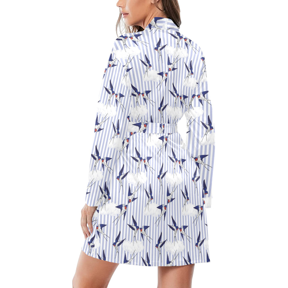 Swallow Pattern Print Design 03 Women's Long Sleeve Belted Night Robe