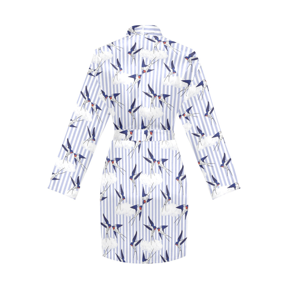 Swallow Pattern Print Design 03 Women's Long Sleeve Belted Night Robe