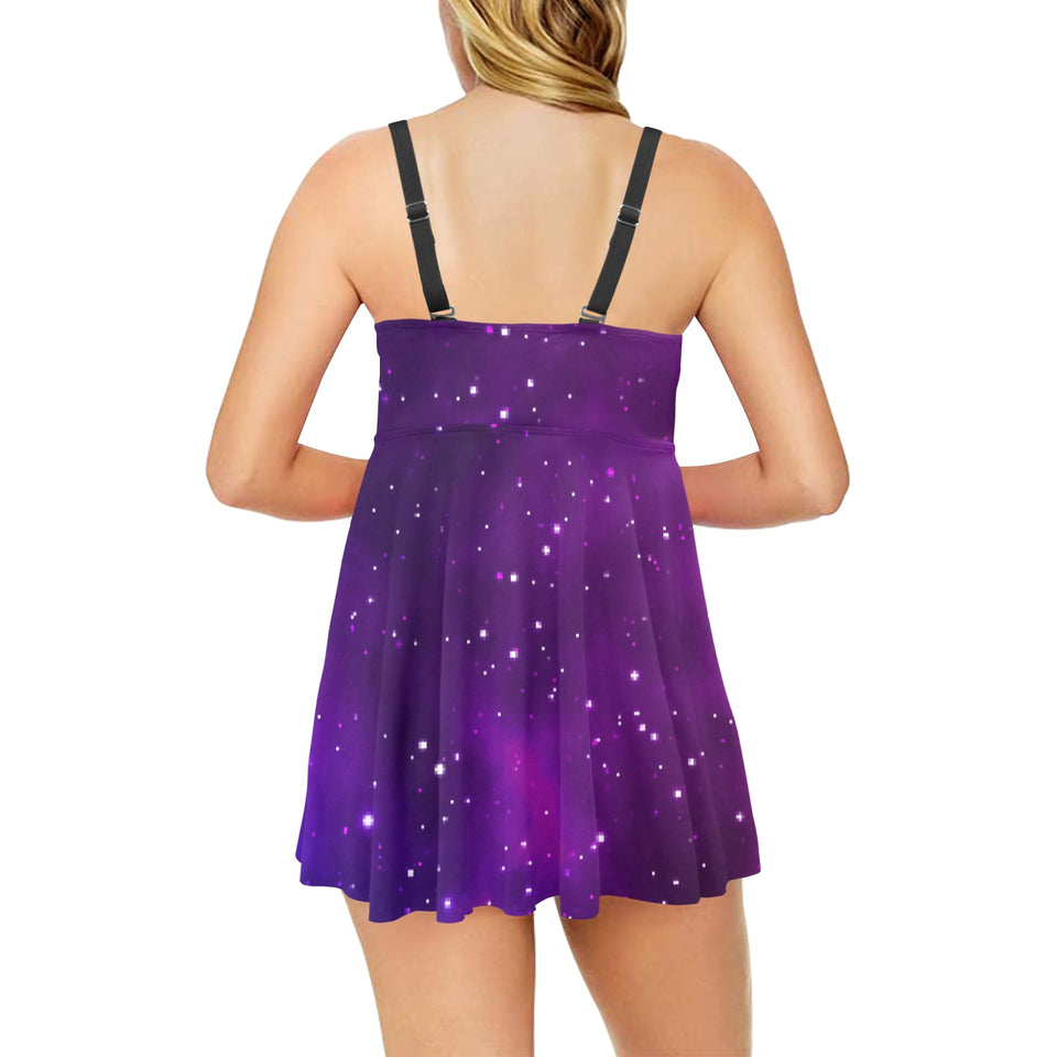 Pink Space Galaxy Pattern4 Chest Sexy Pleated Two Piece Swim Dress