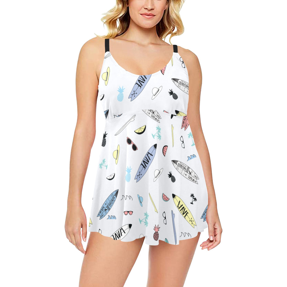 Surfboard Pattern Print Design 01 Chest Sexy Pleated Two Piece Swim Dress