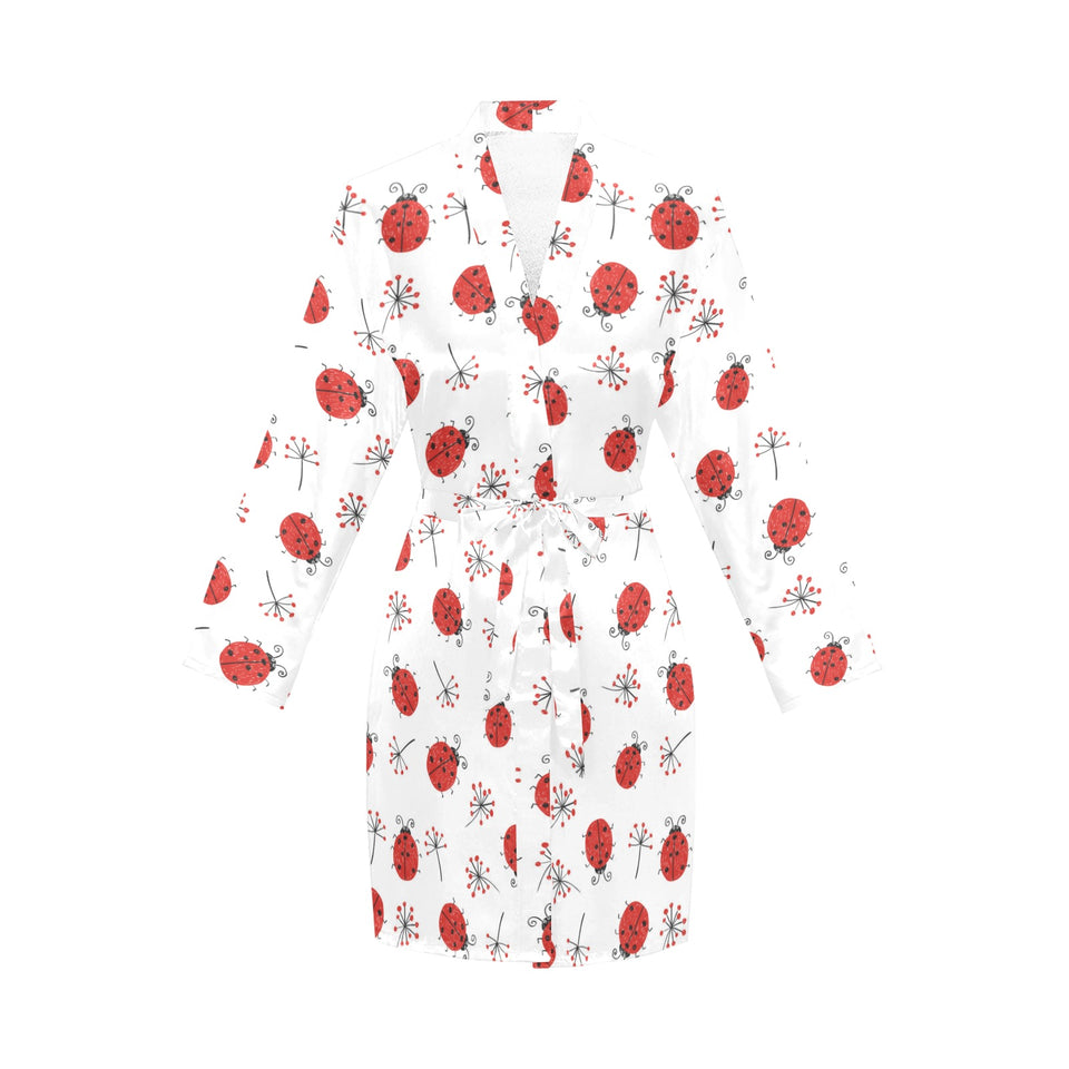 Ladybug Pattern Print Design 04 Women's Long Sleeve Belted Night Robe