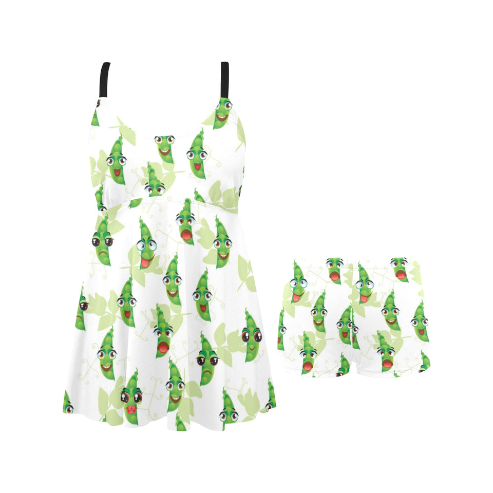 Green Peas Pattern Print Design 04 Chest Sexy Pleated Two Piece Swim Dress