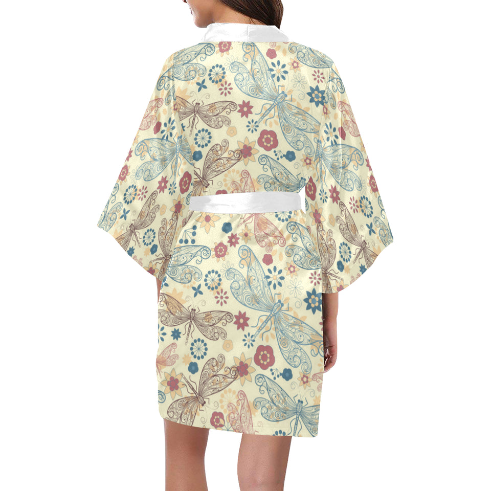 Dragonfly Flower Pattern Women's Short Kimono Robe