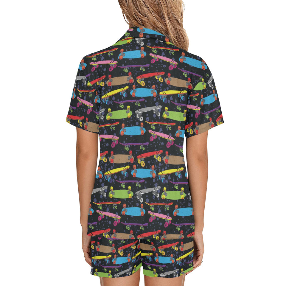 Skate Board Pattern Print Design 03 Women's V-Neck Short Pajama Set