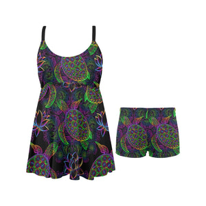 Sea Turtle Pattern Chest Sexy Pleated Two Piece Swim Dress