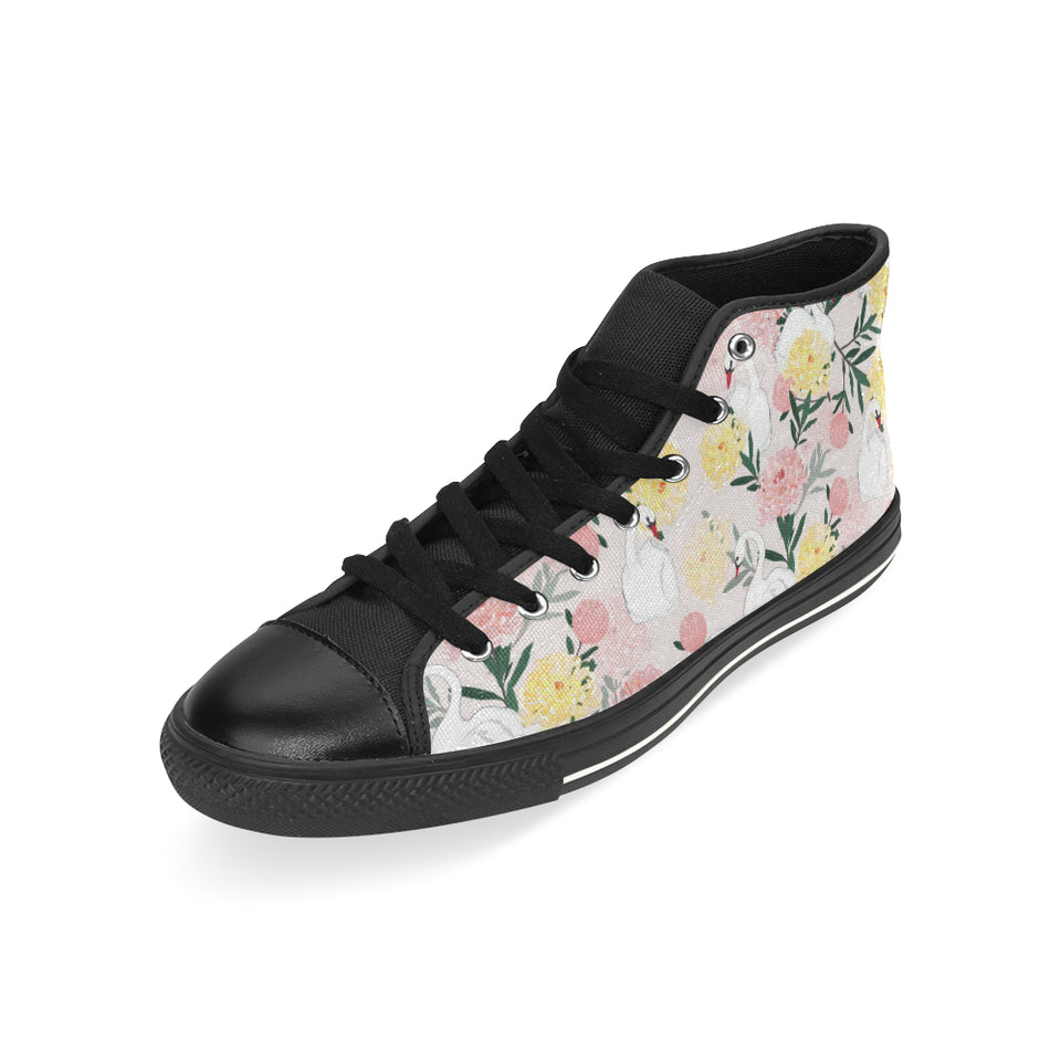 Swan Flower Pattern Men's High Top Canvas Shoes Black