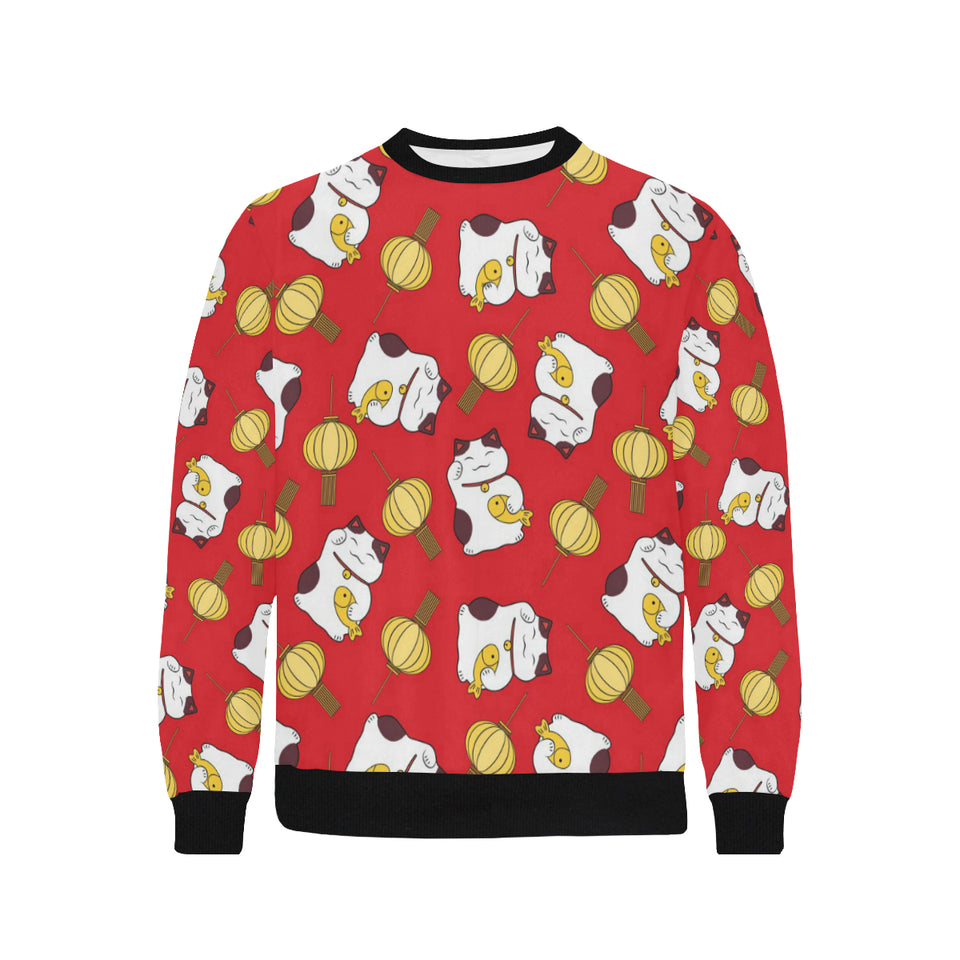 Meneki Neko Lucky Cat Pattern Red Theme Men's Crew Neck Sweatshirt