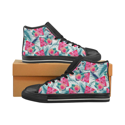 Watermelon Flower Pattern Men's High Top Canvas Shoes Black