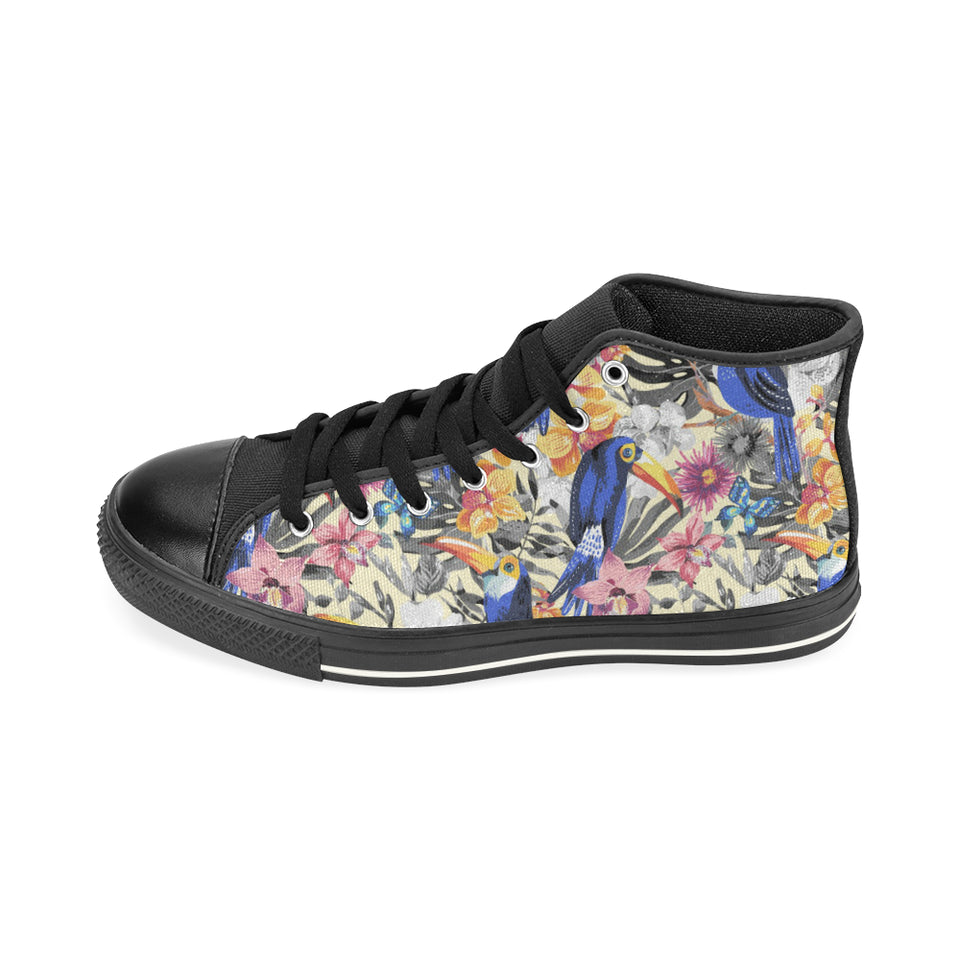 Toucan Leaves Flower Pattern Men's High Top Canvas Shoes Black