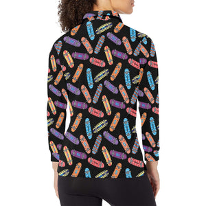 Skate Board Pattern Print Design 04 Women's Long Sleeve Polo Shirt