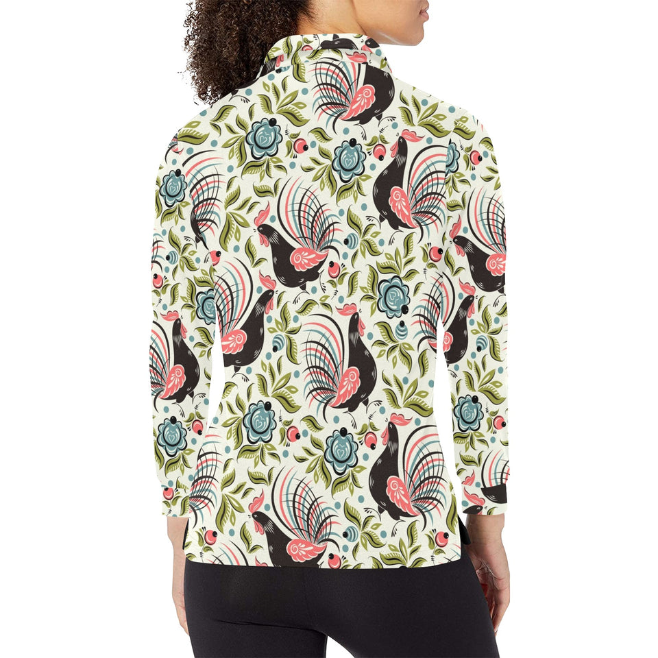 Rooster Chicken Leaves Pattern Women's Long Sleeve Polo Shirt