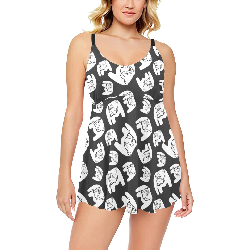 English Bulldog Pattern Print Design 02 Chest Sexy Pleated Two Piece Swim Dress