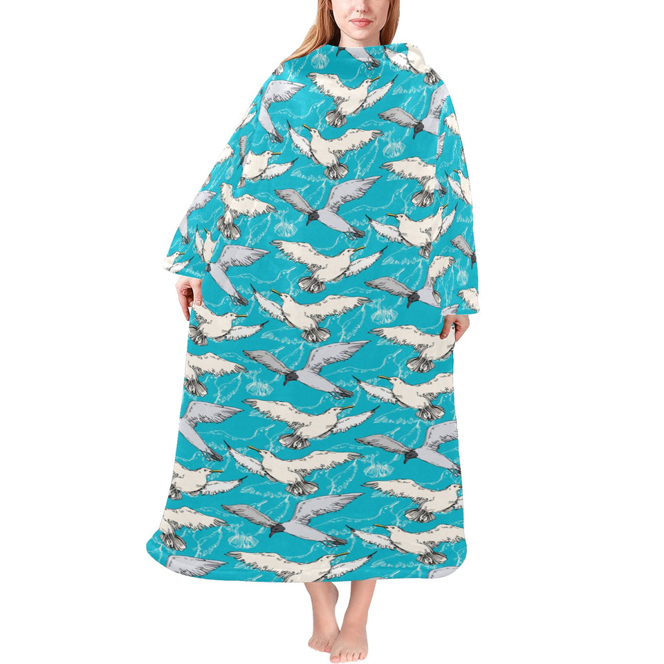 Seagull Pattern Print Design 03 Blanket Robe with Sleeves