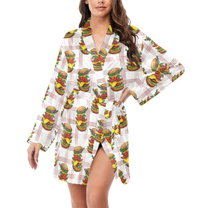 Hamburger Pattern Print Design 03 Women's Long Sleeve Belted Night Robe