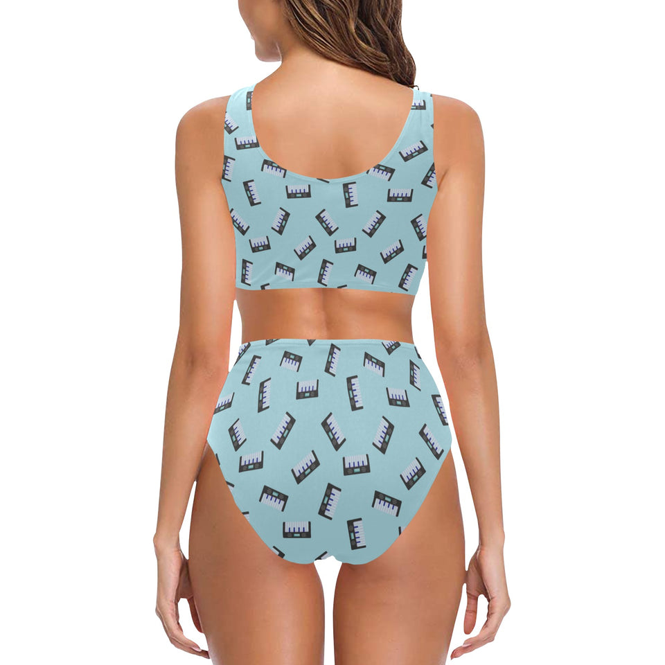 Piano Pattern Print Design 05 Chest Bowknot High Waisted Bikini Swimsuit