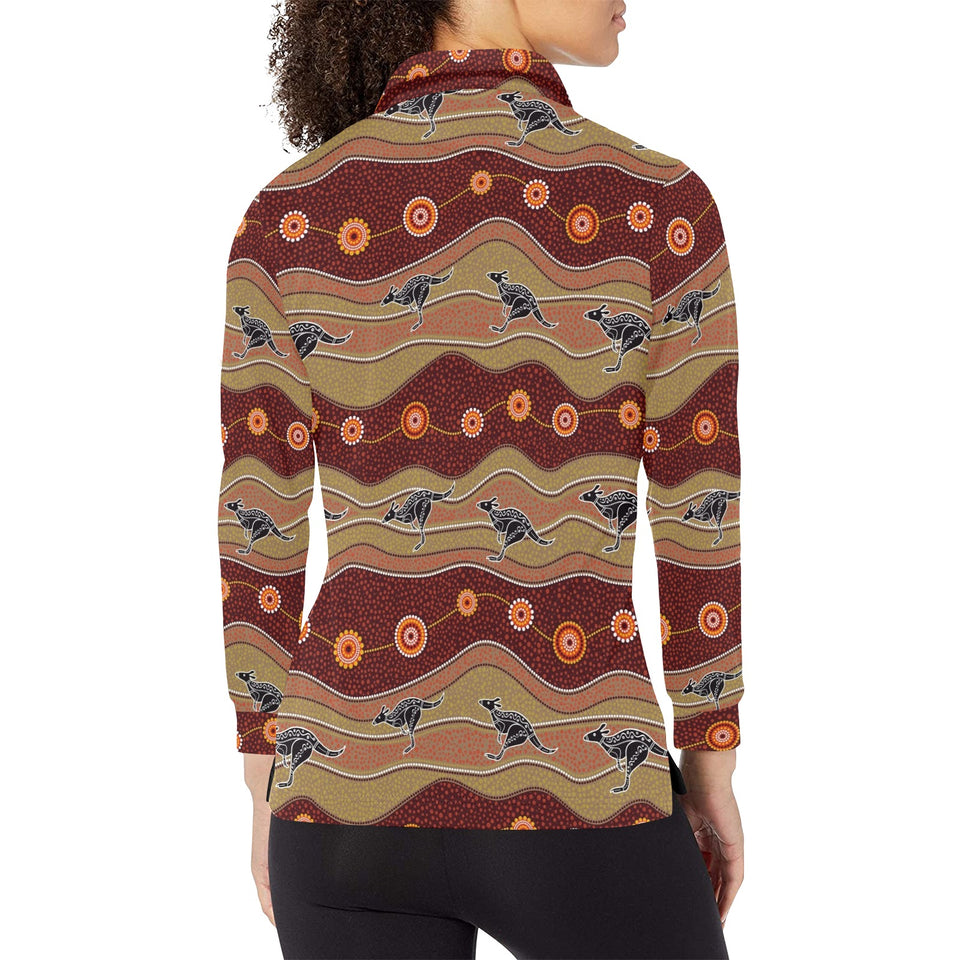 Kangaroo Aboriginal Pattern Women's Long Sleeve Polo Shirt