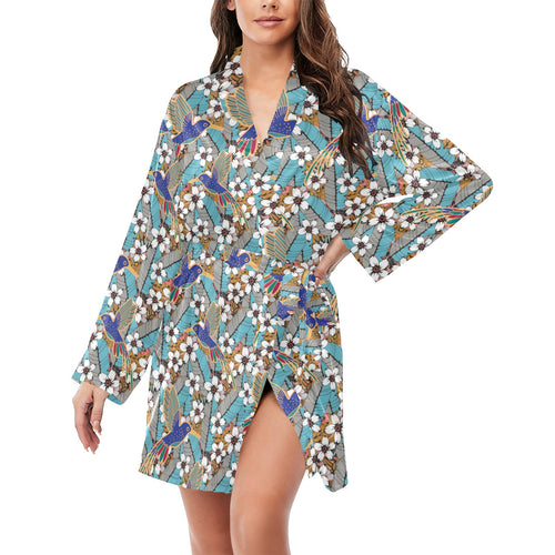 Hummingbird Pattern Print Design 02 Women's Long Sleeve Belted Night Robe