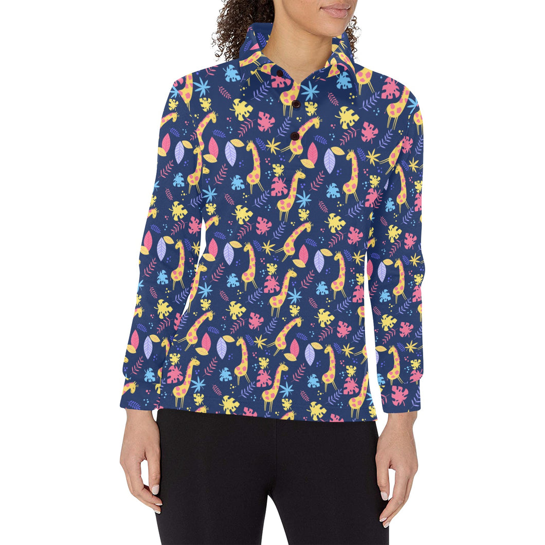 Giraffe Pattern Print Design 04 Women's Long Sleeve Polo Shirt