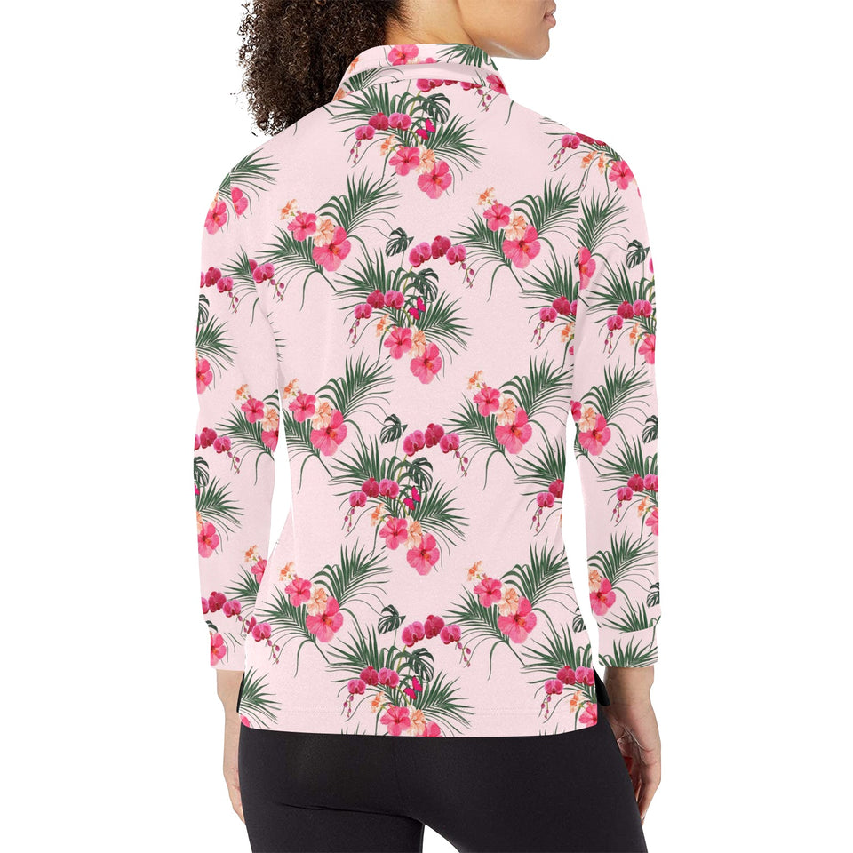 Red Pink Orchid Hibiscus Pattern Women's Long Sleeve Polo Shirt