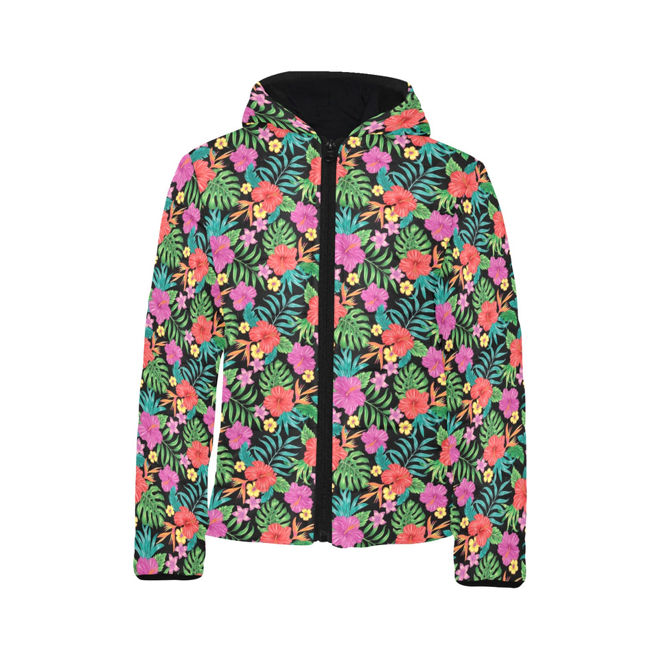 Hibiscus Pattern Print Design 01 Kids' Boys' Girls' Padded Hooded Jacket