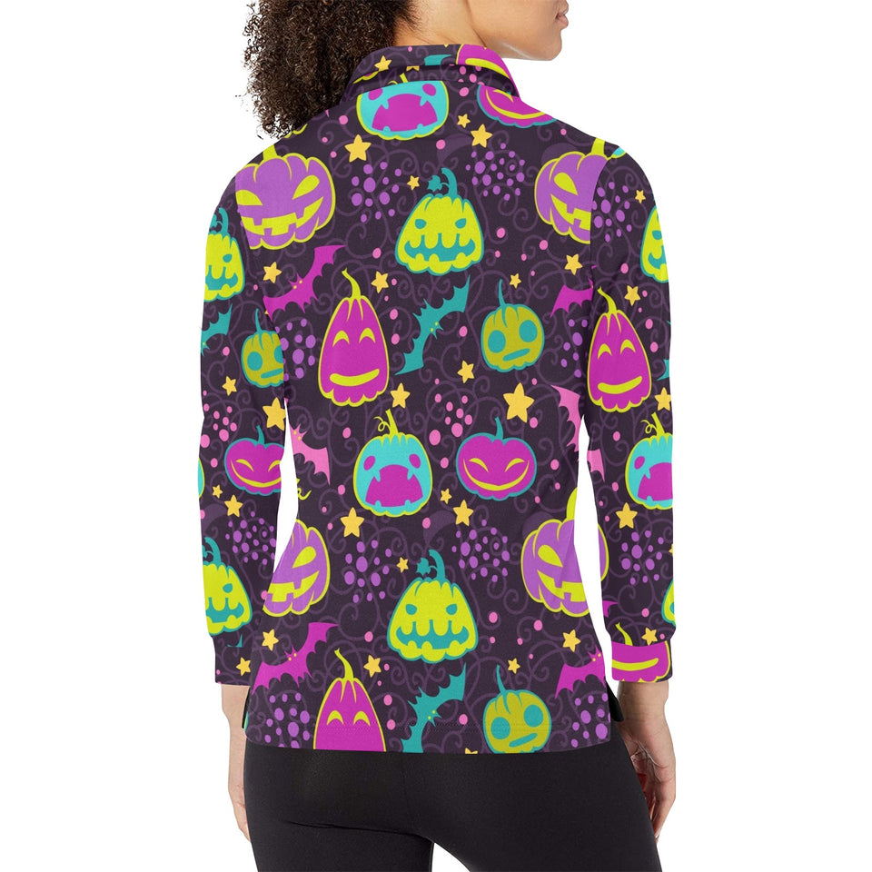 Halloween Pumpkin Bat Pattern Women's Long Sleeve Polo Shirt