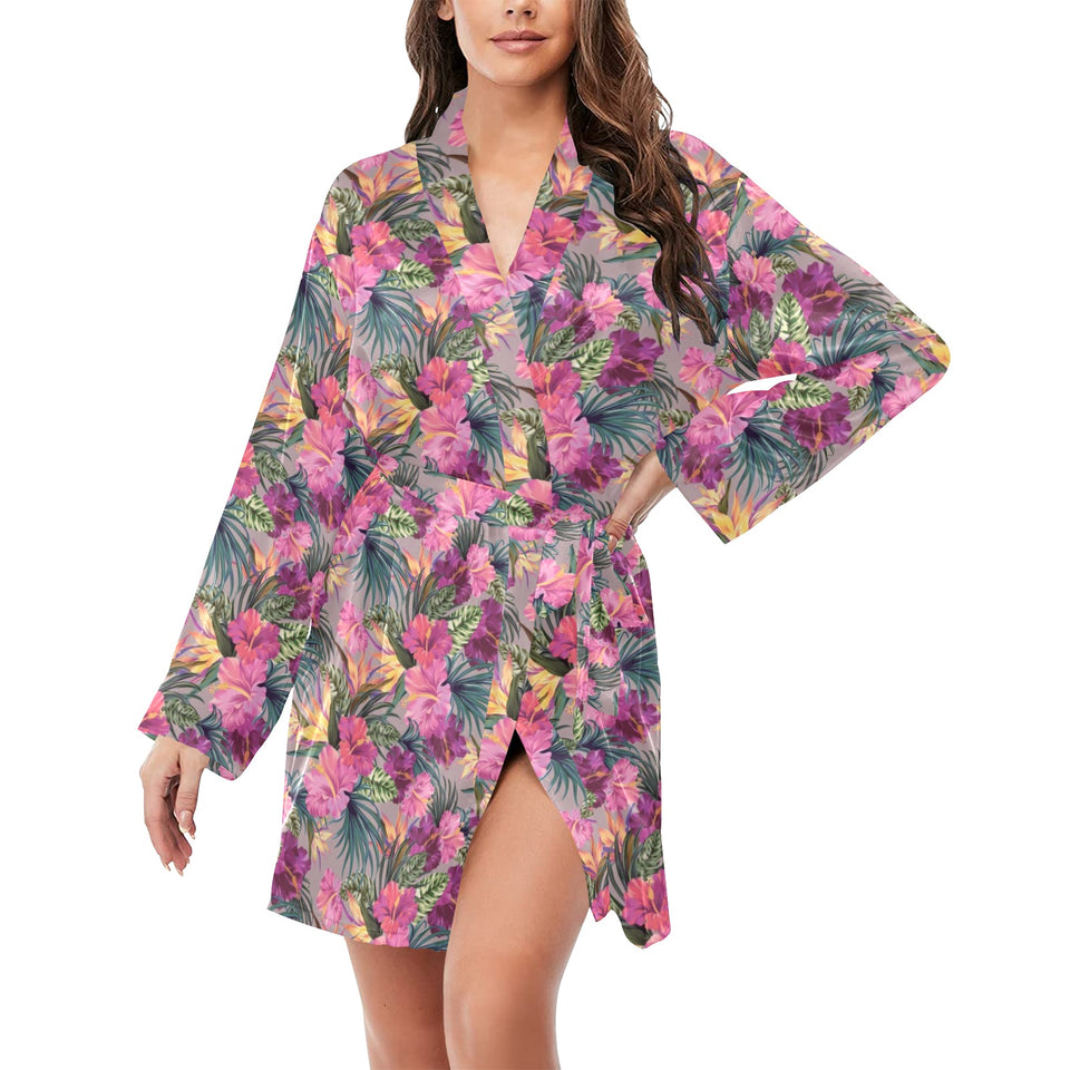 Hibiscus Pattern Print Design 03 Women's Long Sleeve Belted Night Robe