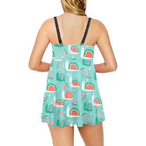 Snail Pattern Print Design 01 Chest Sexy Pleated Two Piece Swim Dress