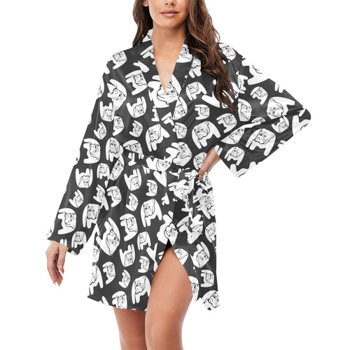 English Bulldog Pattern Print Design 02 Women's Long Sleeve Belted Night Robe