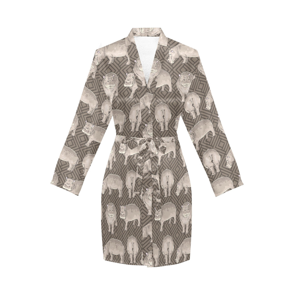 Hippopotamus Pattern Print Design 04 Women's Long Sleeve Belted Night Robe