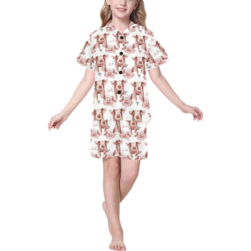 Pig Pattern Print Design 04 Kids' Boys' Girls' V-Neck Short Pajama Set