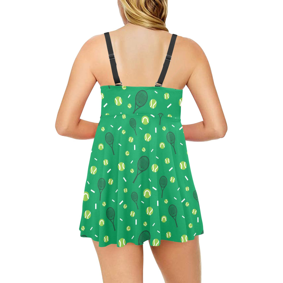 Tennis Pattern Print Design 03 Chest Sexy Pleated Two Piece Swim Dress