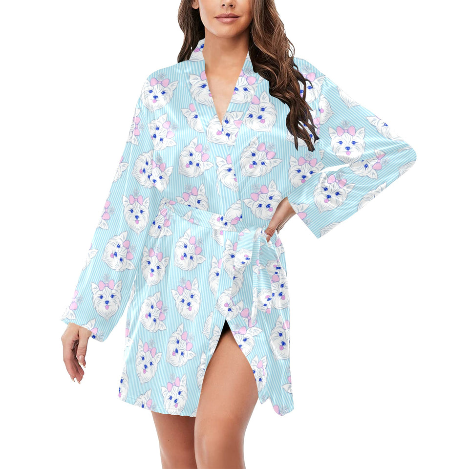 Yorkshire Terrier Pattern Print Design 01 Women's Long Sleeve Belted Night Robe