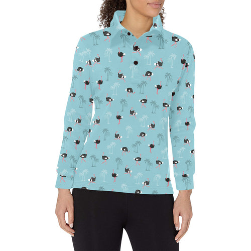 Ostrich Pattern Print Design 05 Women's Long Sleeve Polo Shirt