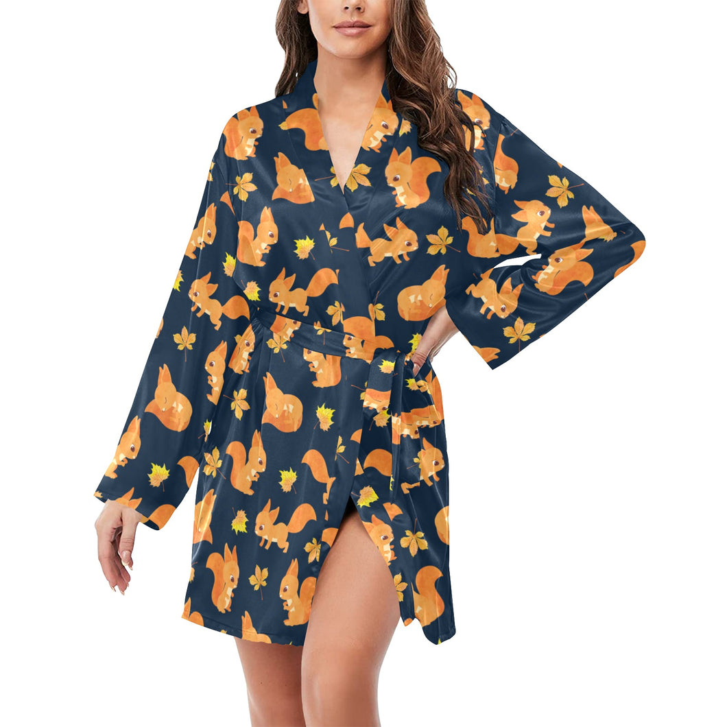 Squirrel Pattern Print Design 05 Women's Long Sleeve Belted Night Robe