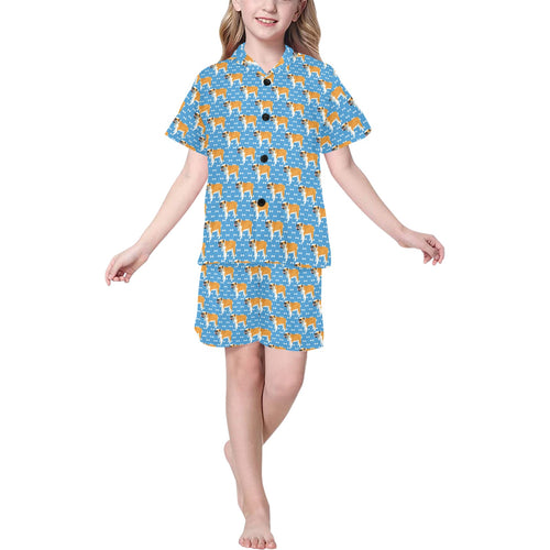 English Bulldog Pattern Print Design 04 Kids' Boys' Girls' V-Neck Short Pajama Set