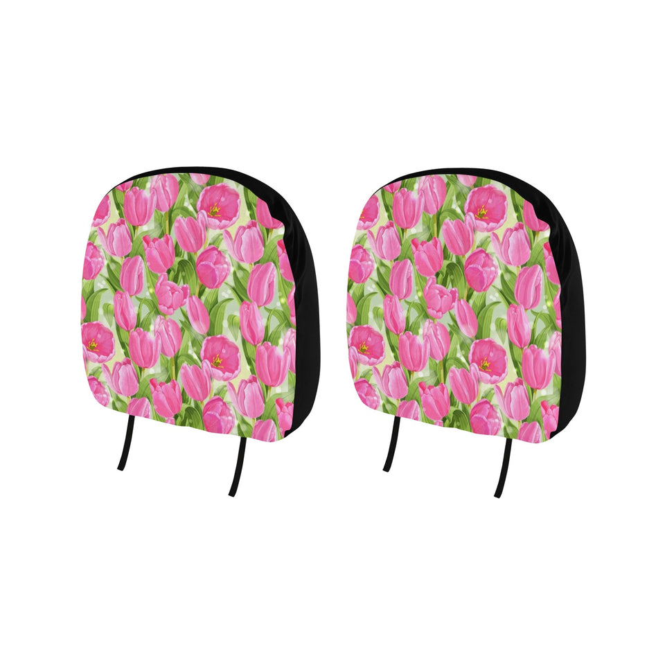 Pink Tulip Pattern Car Headrest Cover