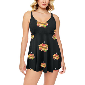 Sandwich Pattern Print Design 03 Chest Sexy Pleated Two Piece Swim Dress