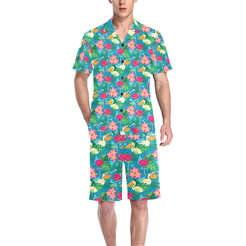 Pelican Pattern Print Design 03 Men's V-Neck Short Pajama Set