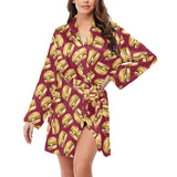 Hamburger Pattern Print Design 01 Women's Long Sleeve Belted Night Robe