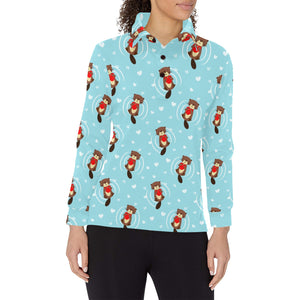 Otter Heart Pattern Women's Long Sleeve Polo Shirt