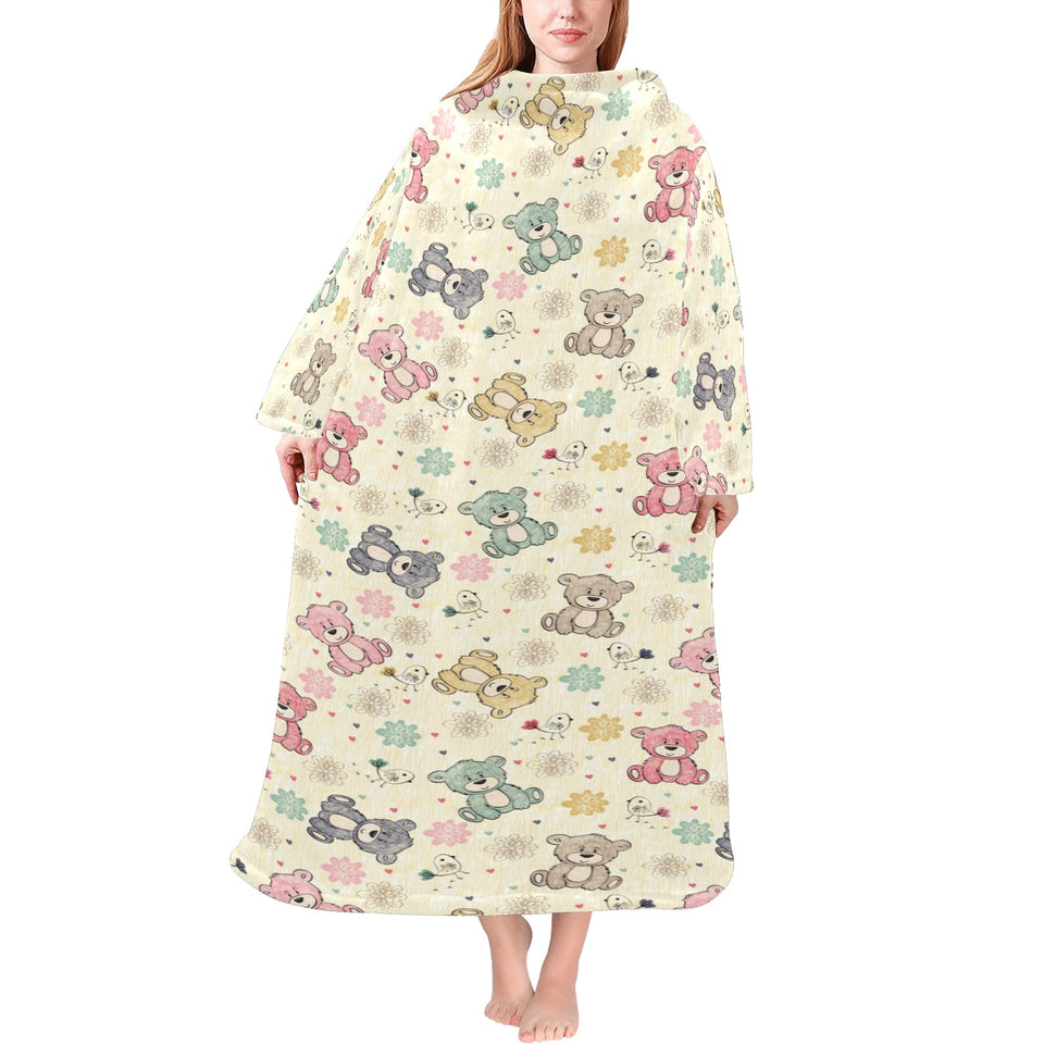 Teddy Bear Pattern Print Design 05 Blanket Robe with Sleeves