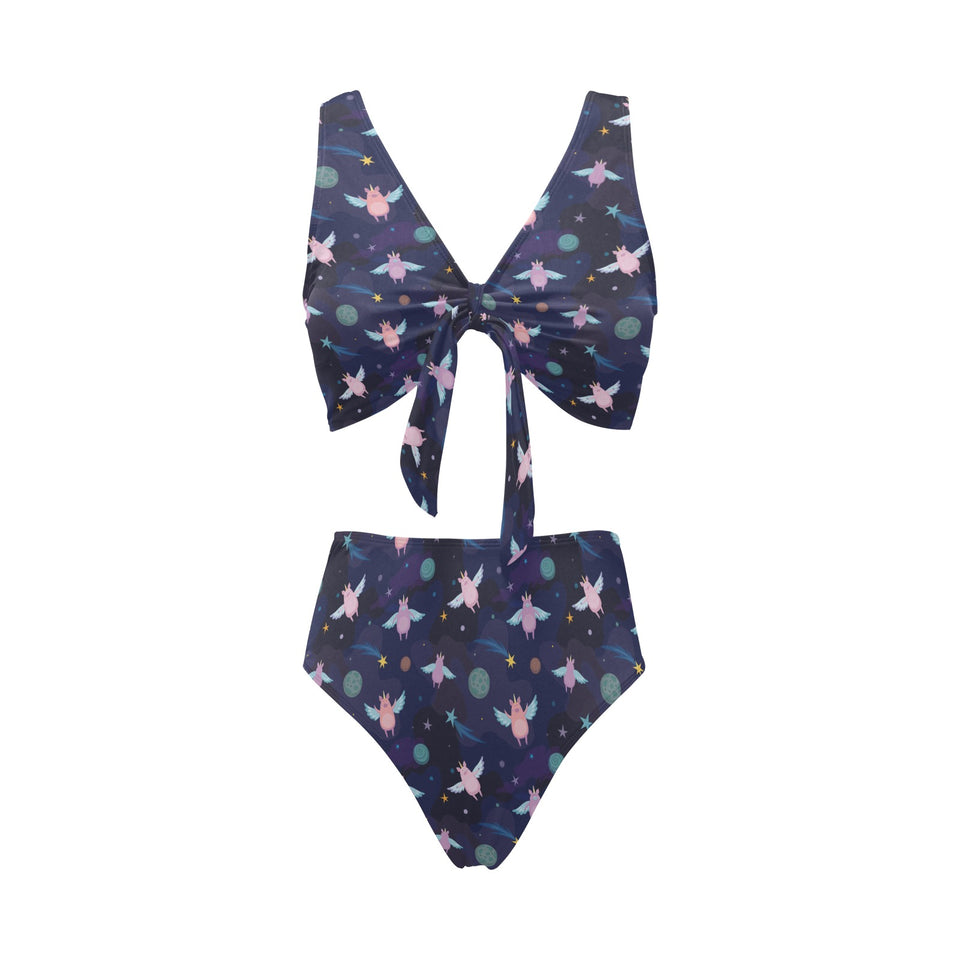 Pig Pattern Print Design 05 Chest Bowknot High Waisted Bikini Swimsuit